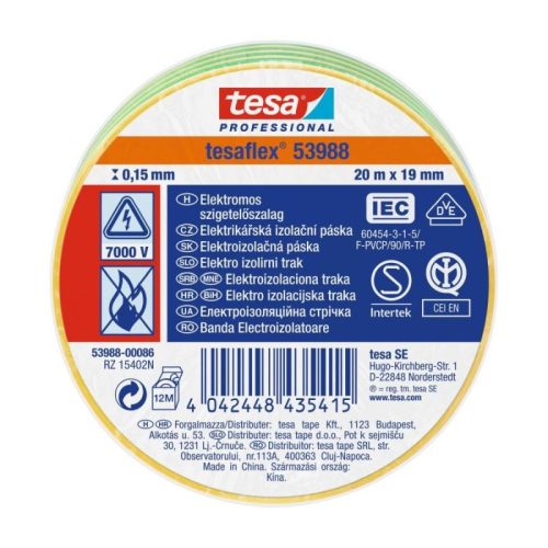 Tesa 53988-00086 Szigetelőszalag Zöld-Sárga 20 m x 19 mm