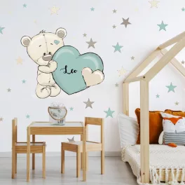   Falmatrica gyerekszobába - Maci menta színű szívecskével