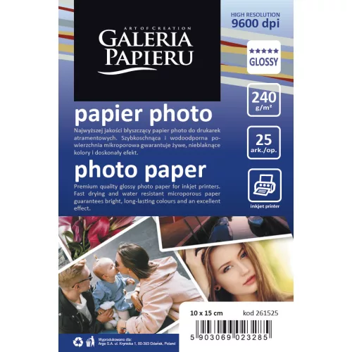 Papírgaléria Fotópapír 10x15 cm Fényes 240 gramm Digitális Nyomtatóhoz 25 Darab/Csomag