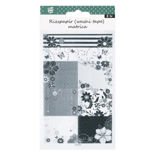 Stick Art Washi Tape Rizspapír Matrica Fekete Fehér Virág Minta 2 ív/bliszter