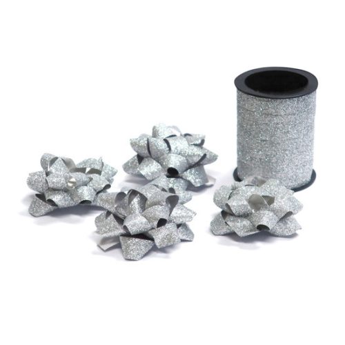 NiftyGift Öntapadós Csillag 60 mm És Csillámos Díszkötöző 20 mm x 10 m Ezüst Színben