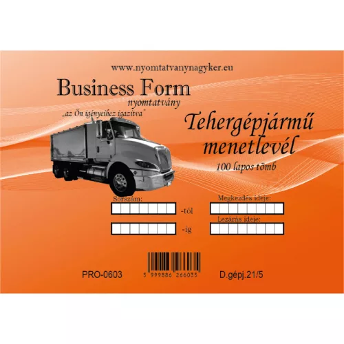 D. gépj. 21 tehergépkocsi menetlevél A/5 100 Lapos