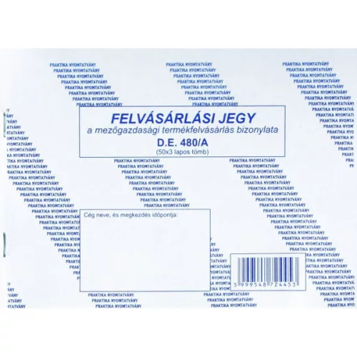 De. 480/V/2009 felvásárlási jegy A/5 50x3